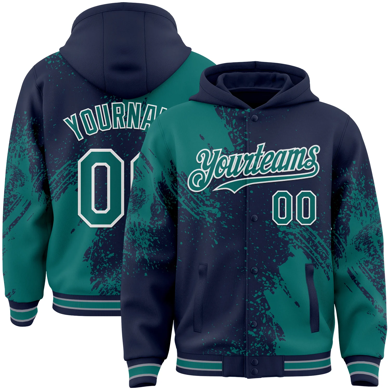 Custom Navy Teal-White Abstract Brush Stroke 3D Pattern Design Bomber Full-Snap Varsity Letterman Hoodie Jacket