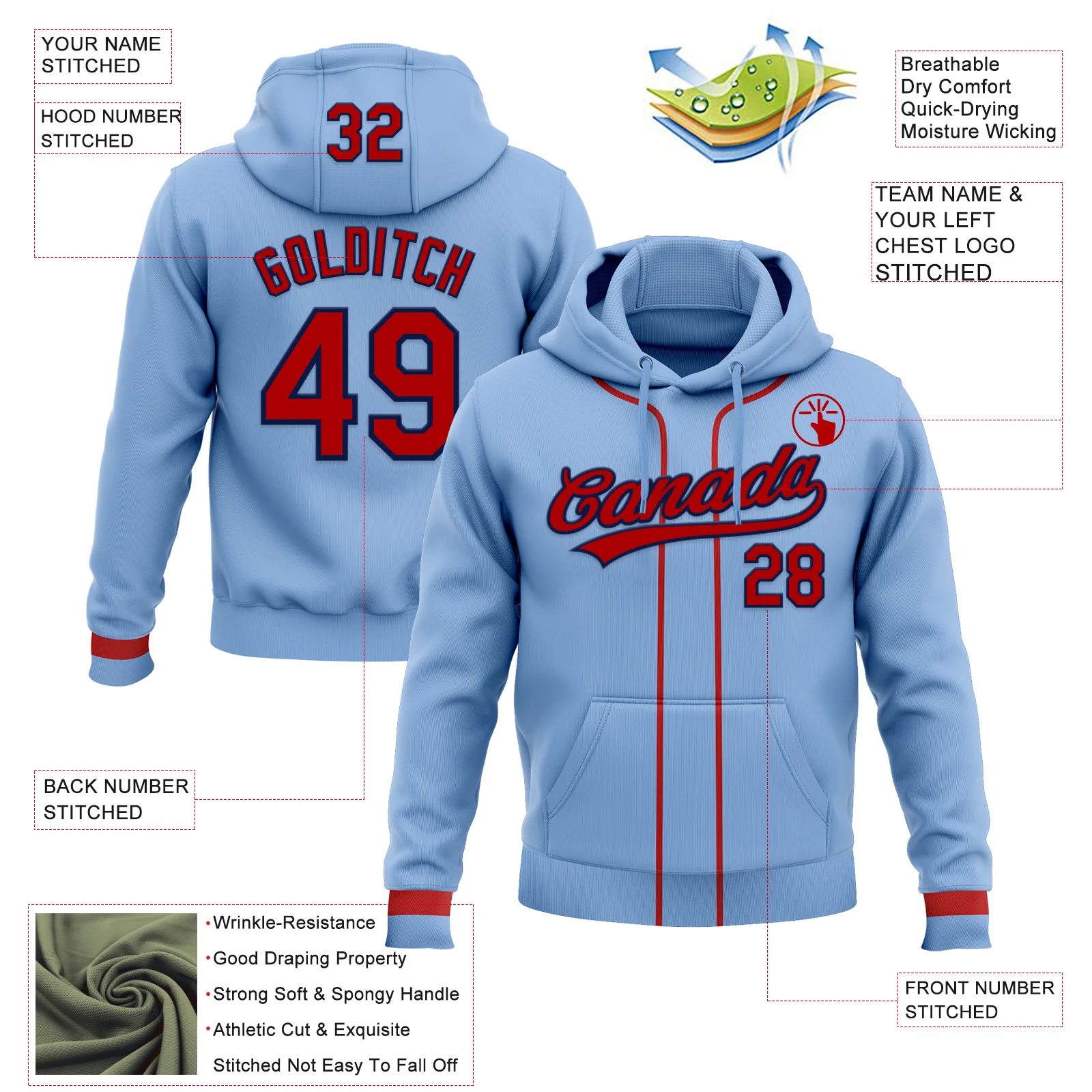 Custom Stitched Light Blue Red-Navy Baseball Pullover Sweatshirt Hoodie