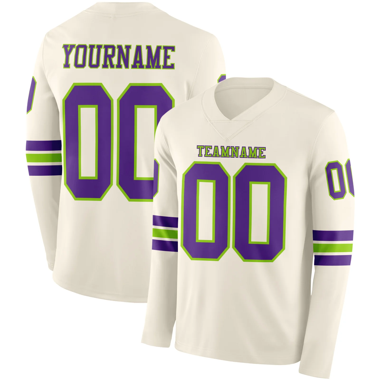 Custom Cream Purple-Neon Green Long Sleeve Authentic Football Jersey