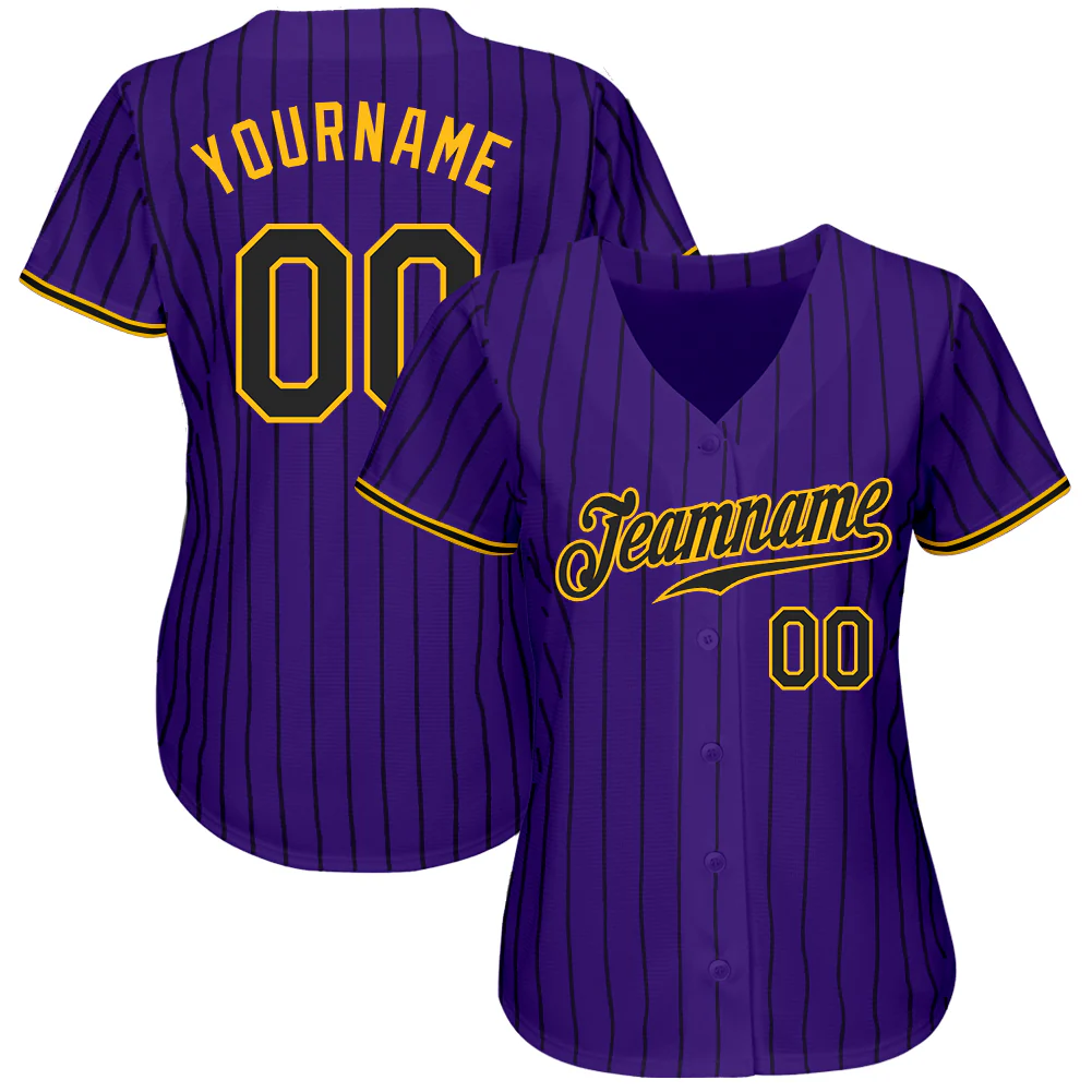 Custom Purple Black Pinstripe Black-Gold Authentic Baseball Jersey