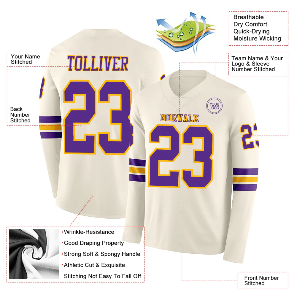 Custom Cream Purple-Gold Long Sleeve Authentic Football Jersey