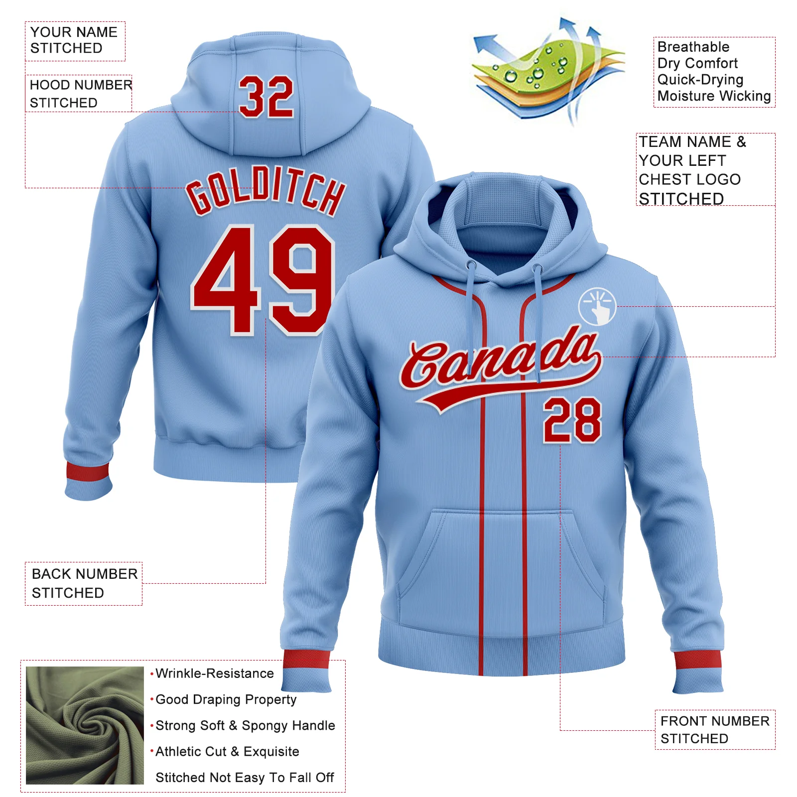 Custom Stitched Light Blue Red-White Baseball Pullover Sweatshirt Hoodie