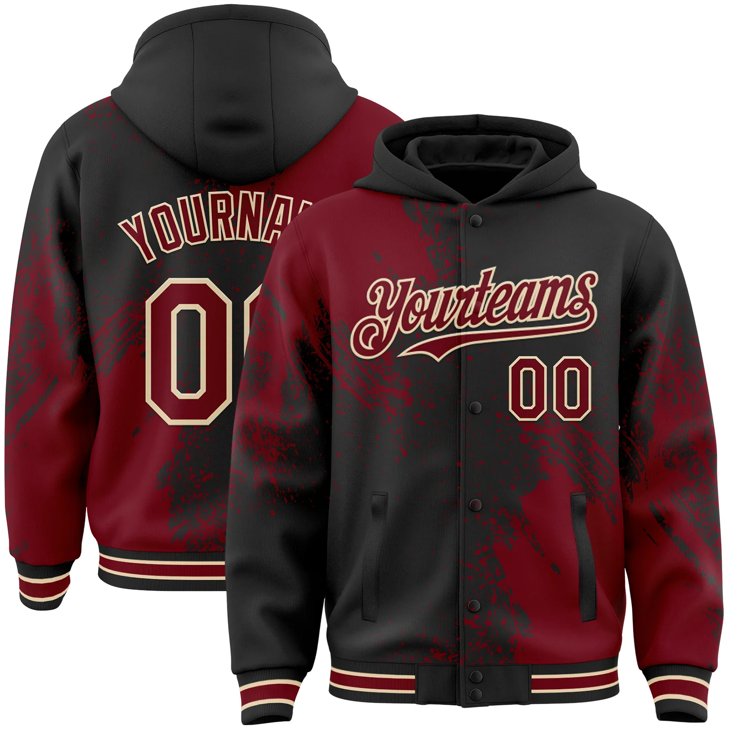 Custom Black Crimson City Cream-Cream Abstract Brush Stroke 3D Pattern Design Bomber Full-Snap Varsity Letterman Hoodie Jacket