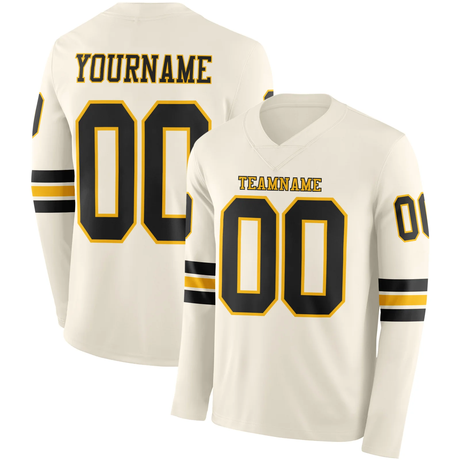 Custom Cream Black-Gold Long Sleeve Authentic Football Jersey