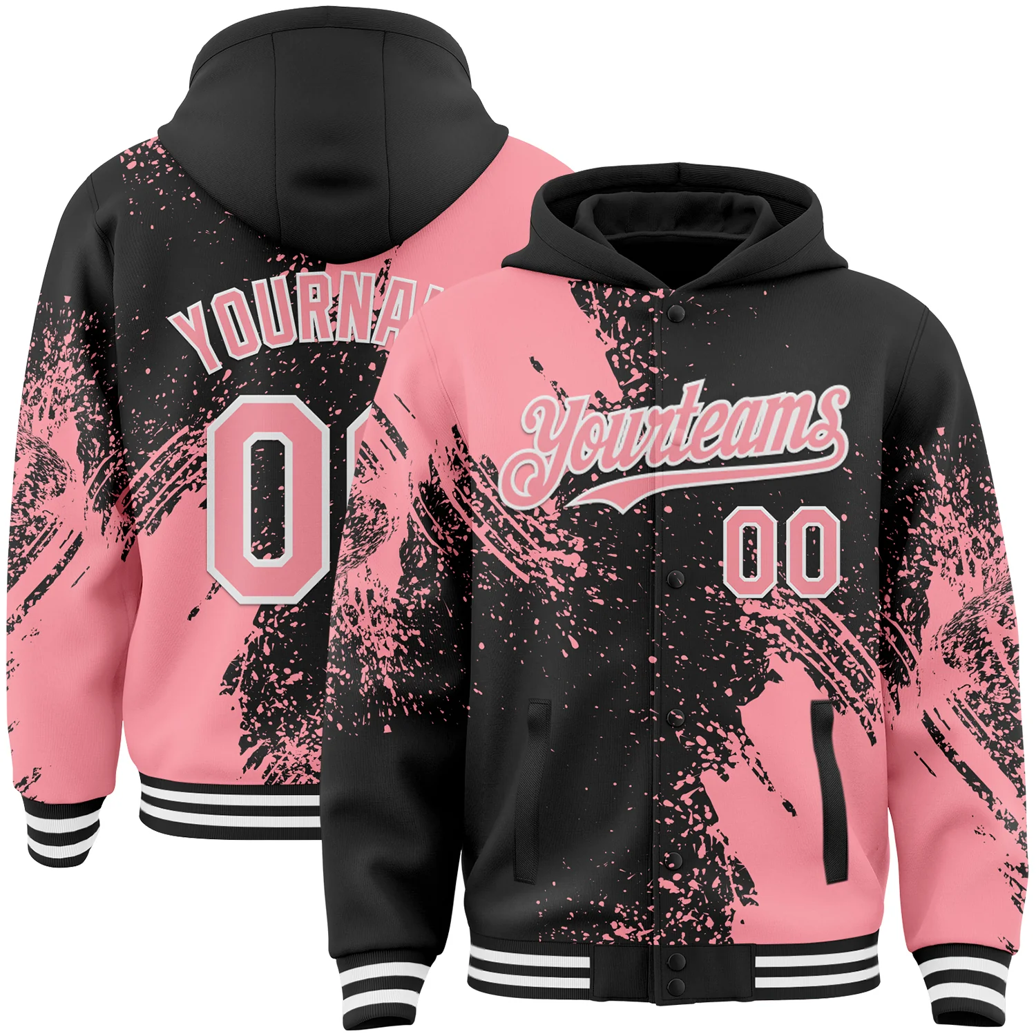 Custom Black Medium Pink-White Abstract Brush Stroke 3D Pattern Design Bomber Full-Snap Varsity Letterman Hoodie Jacket
