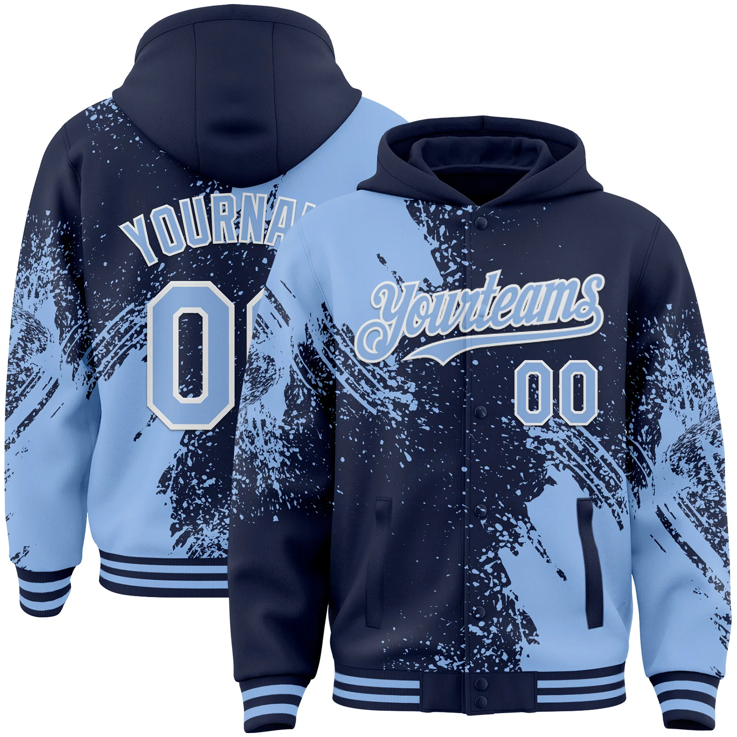 Custom Navy Light Blue-White Abstract Brush Stroke 3D Pattern Design Bomber Full-Snap Varsity Letterman Hoodie Jacket