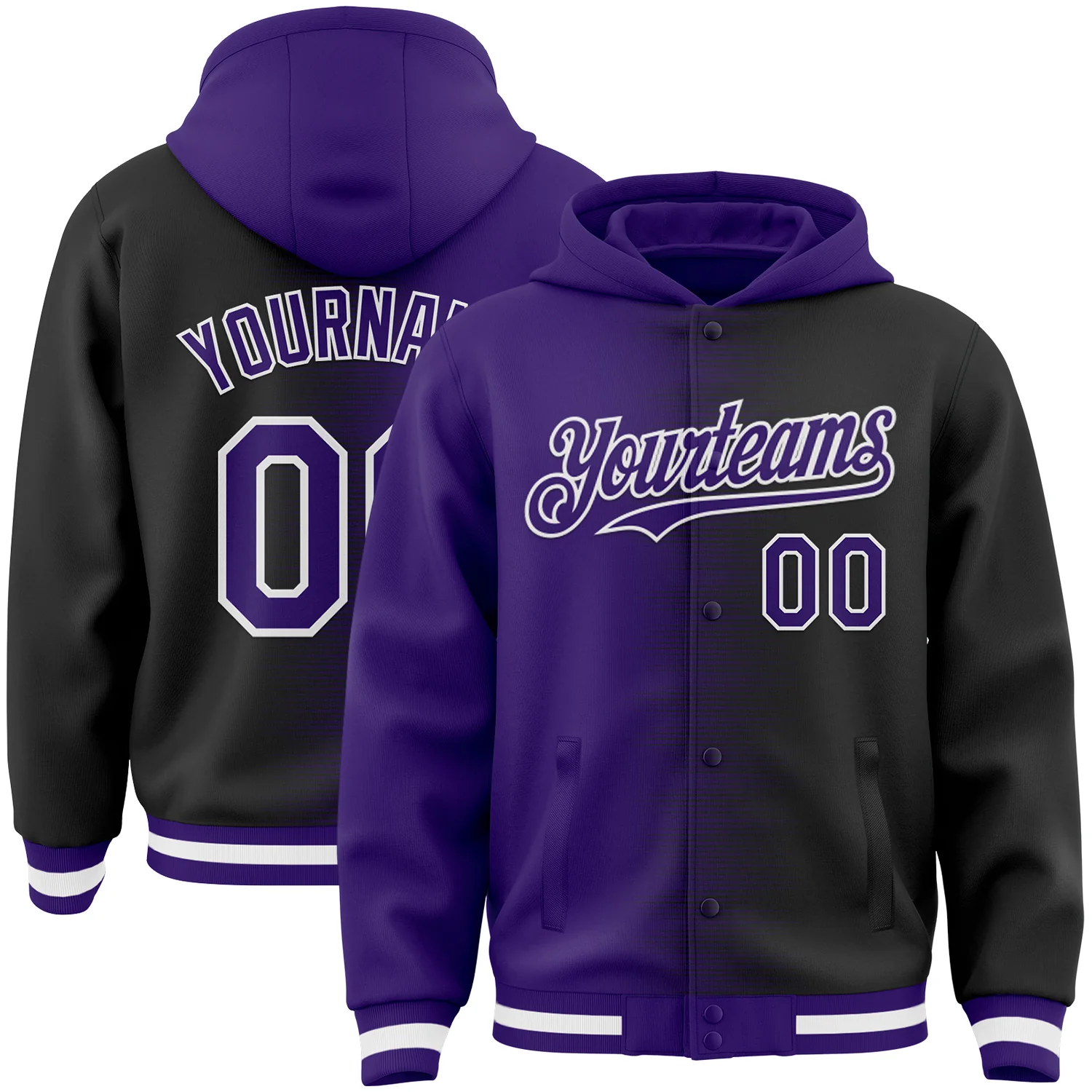Custom Purple Black-White Gradient Line Bomber Full-Snap Varsity Letterman Hoodie Jacket