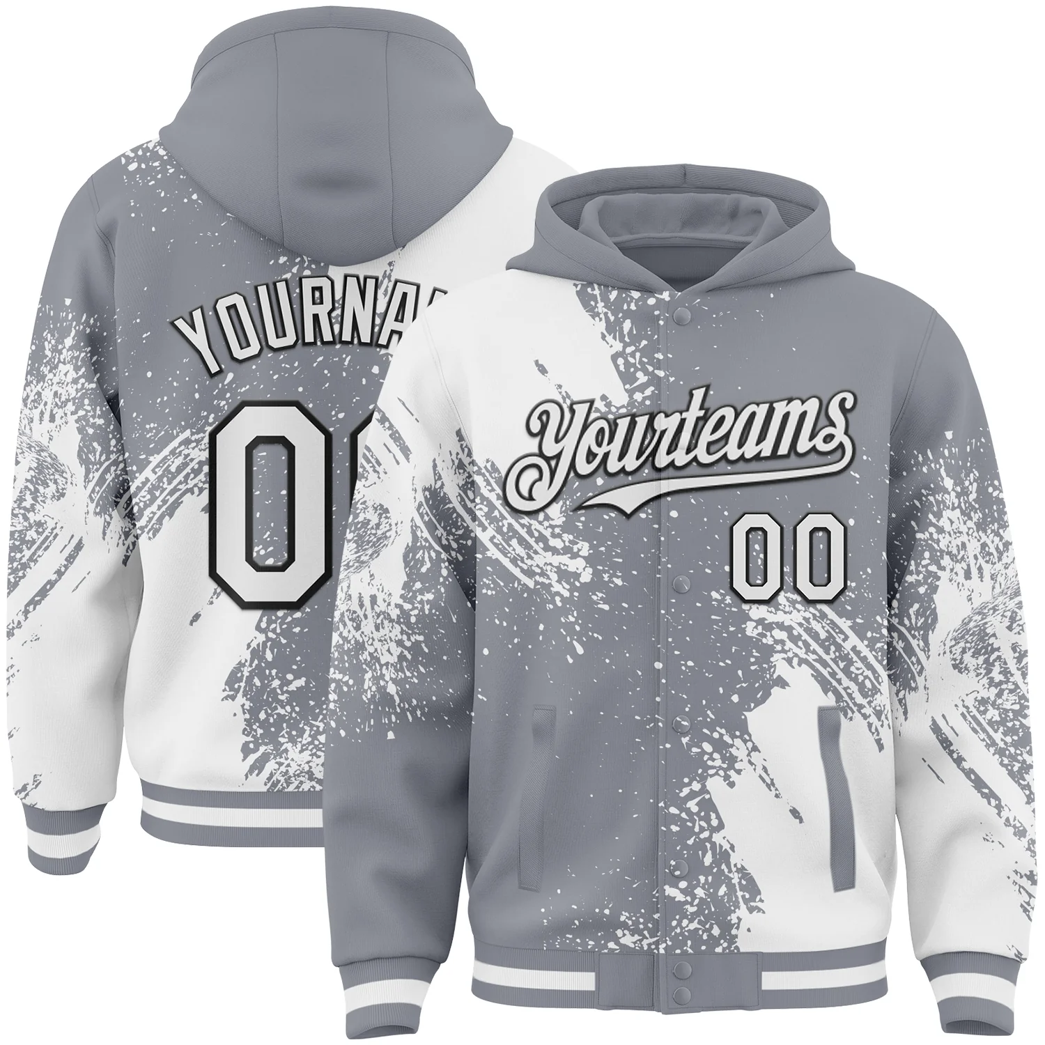Custom Gray White-Black Abstract Brush Stroke 3D Pattern Design Bomber Full-Snap Varsity Letterman Hoodie Jacket