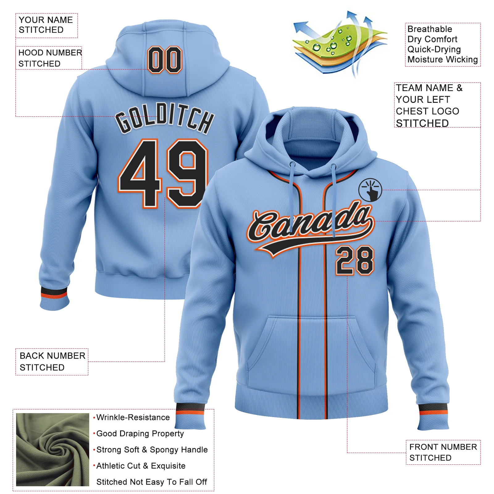 Custom Stitched Light Blue Black White-Orange Baseball Pullover Sweatshirt Hoodie
