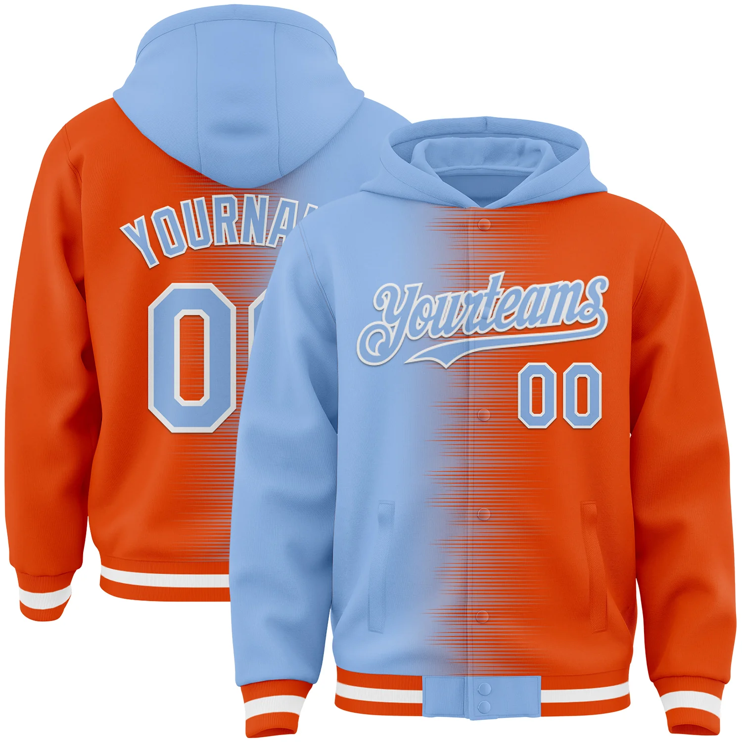 Custom Light Blue Orange-White Gradient Line Bomber Full-Snap Varsity Letterman Hoodie Jacket