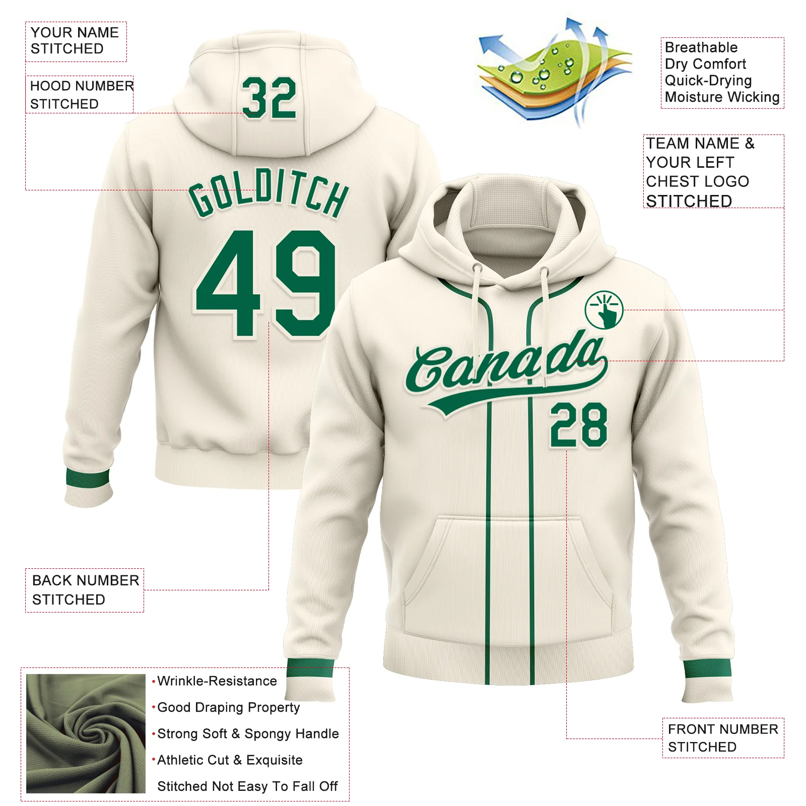 Custom Stitched Cream Kelly Green-Cream Baseball Pullover Sweatshirt Hoodie