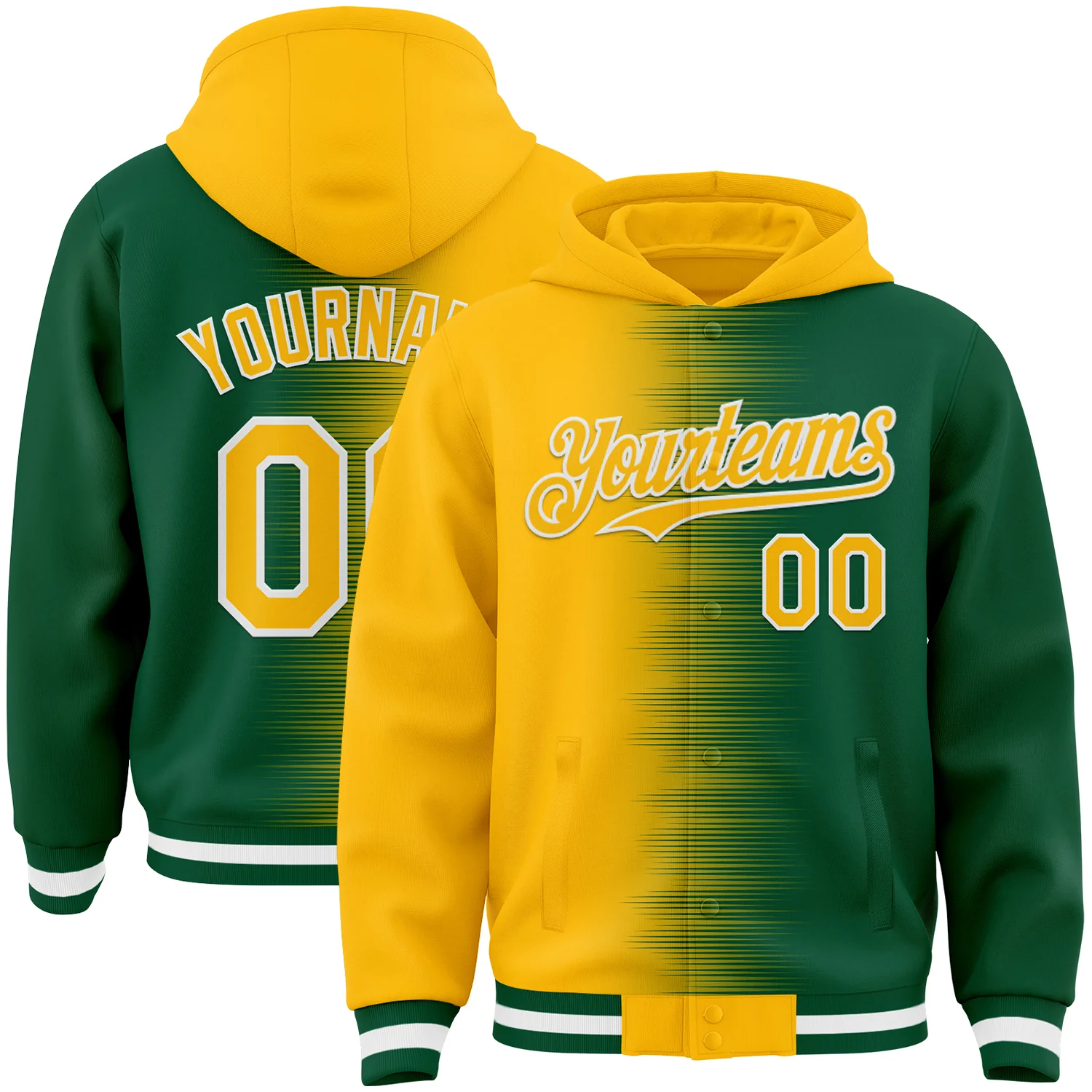 Custom Gold Kelly Green-White Gradient Line Bomber Full-Snap Varsity Letterman Hoodie Jacket
