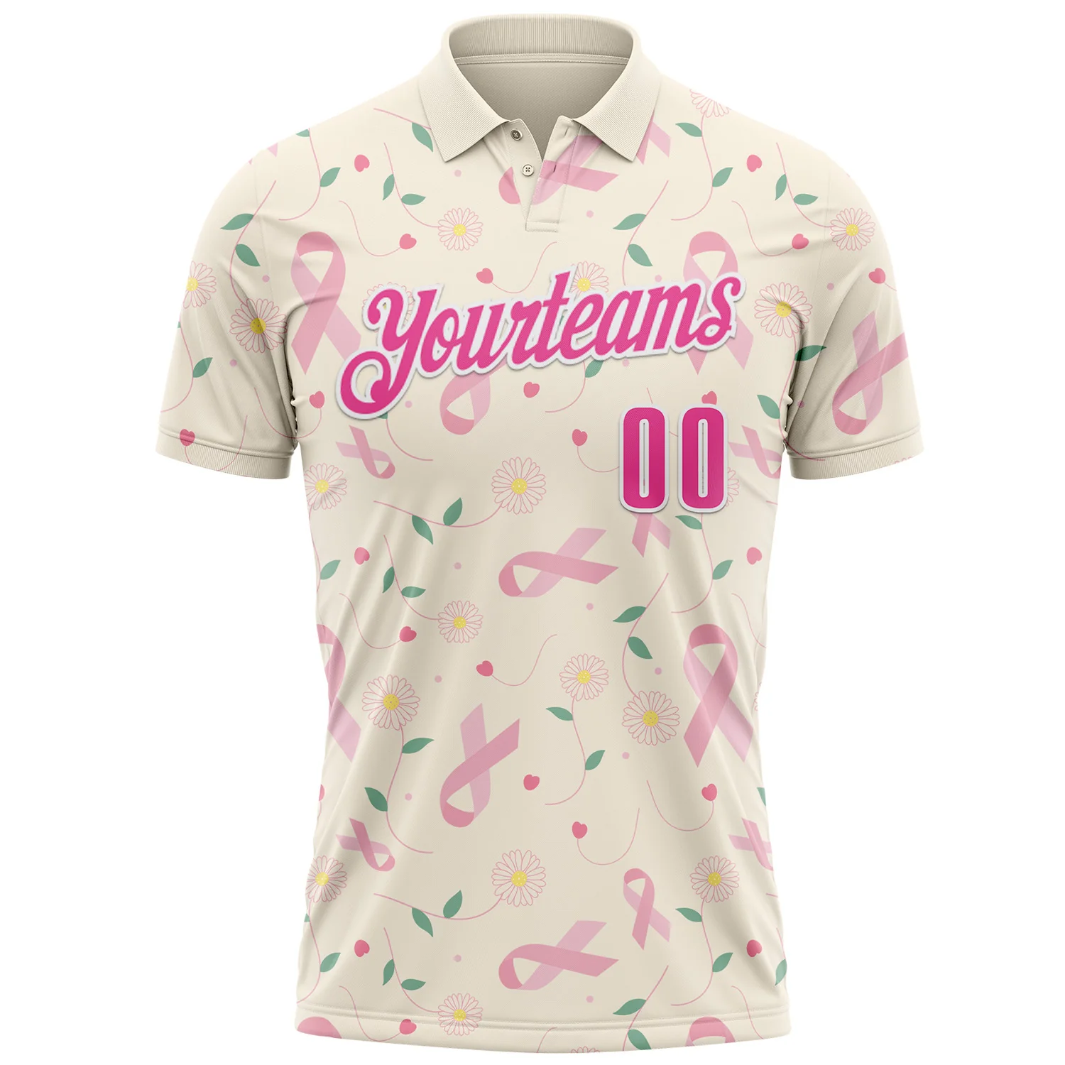 Custom Cream Pink-White 3D Pink Ribbon Breast Cancer Awareness Floral Performance Polo Shirt