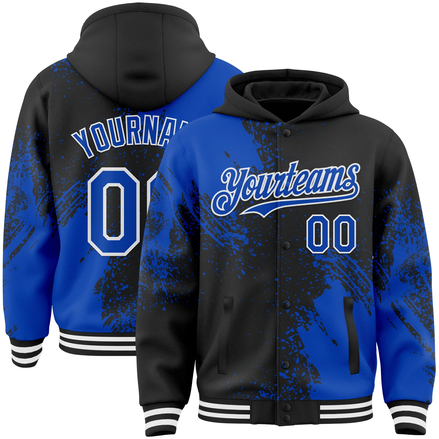 Custom Black Thunder Blue-White Abstract Brush Stroke 3D Pattern Design Bomber Full-Snap Varsity Letterman Hoodie Jacket