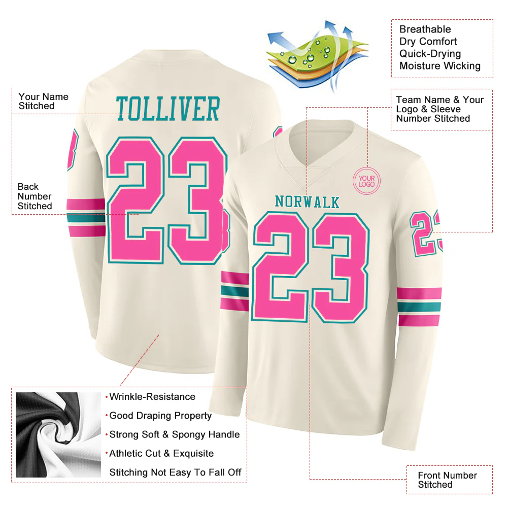 Custom Cream Pink-Teal Long Sleeve Authentic Football Jersey