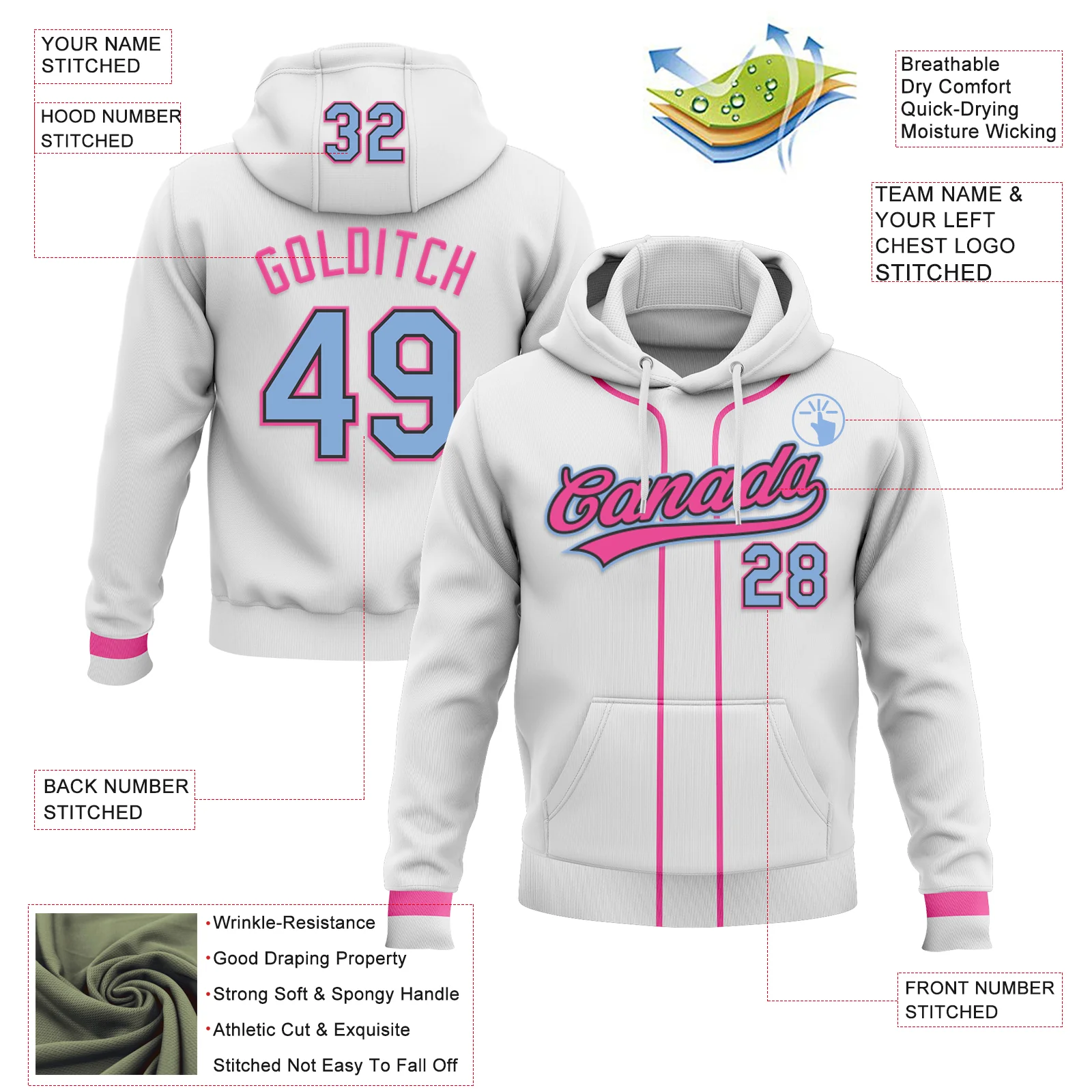 Custom Stitched White Light Blue Pink-Black Baseball Pullover Sweatshirt Hoodie
