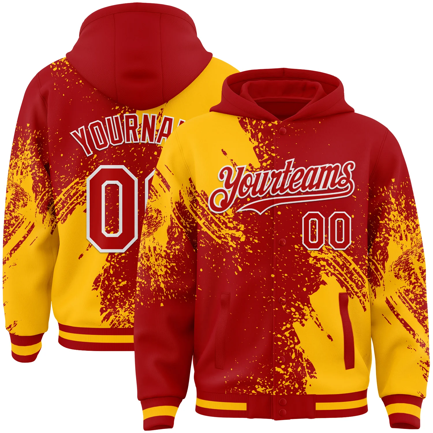 Custom Red Gold-White Abstract Brush Stroke 3D Pattern Design Bomber Full-Snap Varsity Letterman Hoodie Jacket