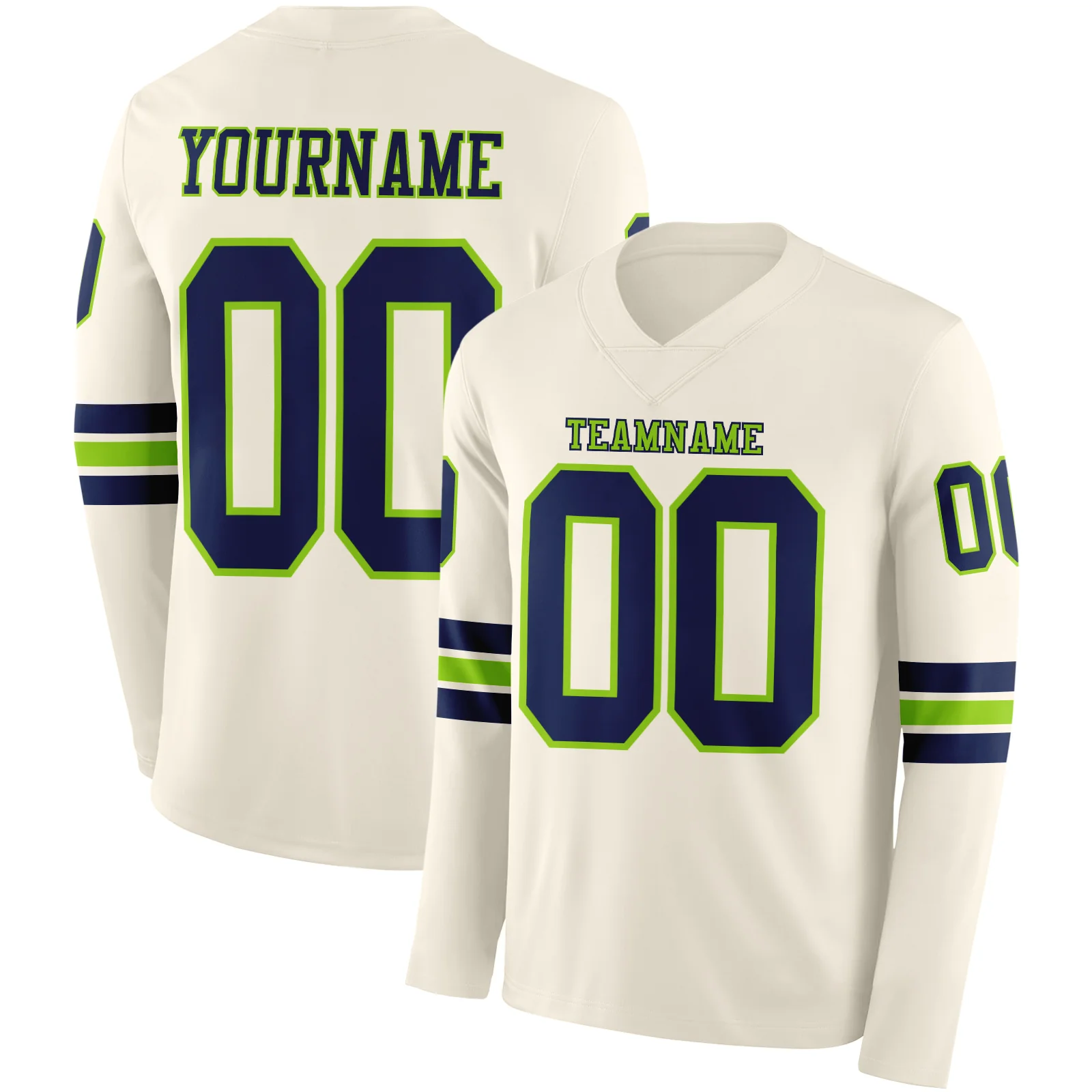 Custom Cream Navy-Neon Green Long Sleeve Authentic Football Jersey