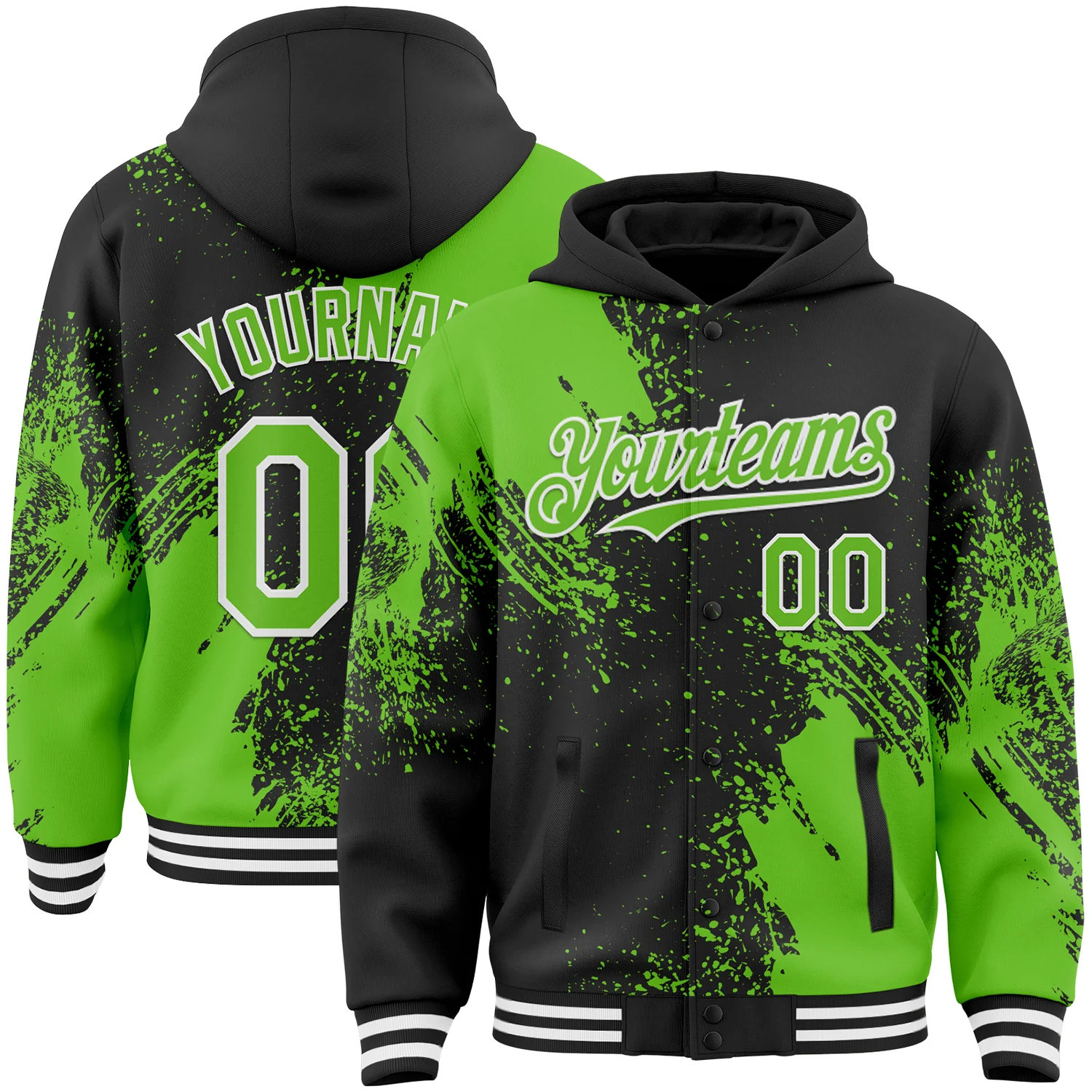 Custom Black Aurora Green-White Abstract Brush Stroke 3D Pattern Design Bomber Full-Snap Varsity Letterman Hoodie Jacket