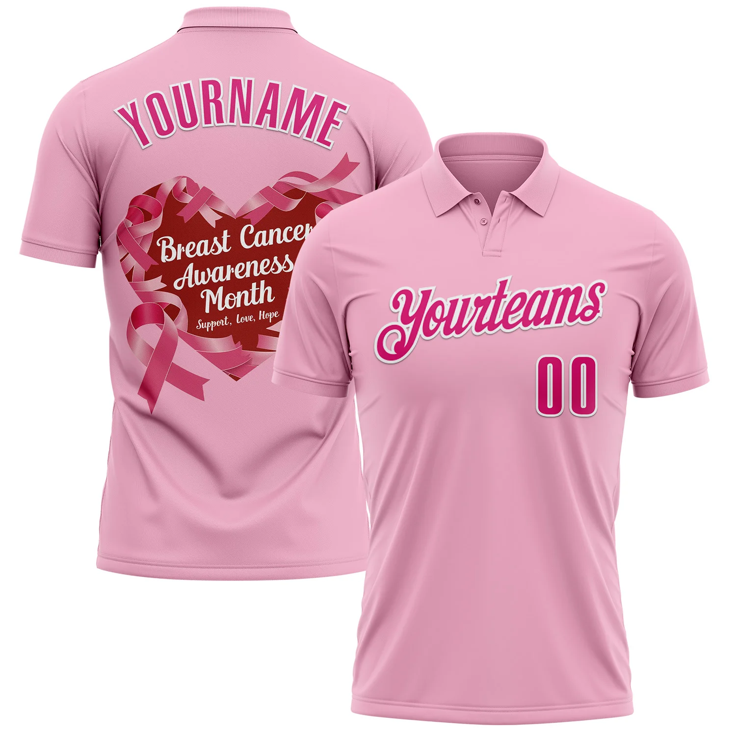 Custom Light Pink Hot Pink-White 3D Pink Ribbon Breast Cancer Awareness Performance Polo Shirt