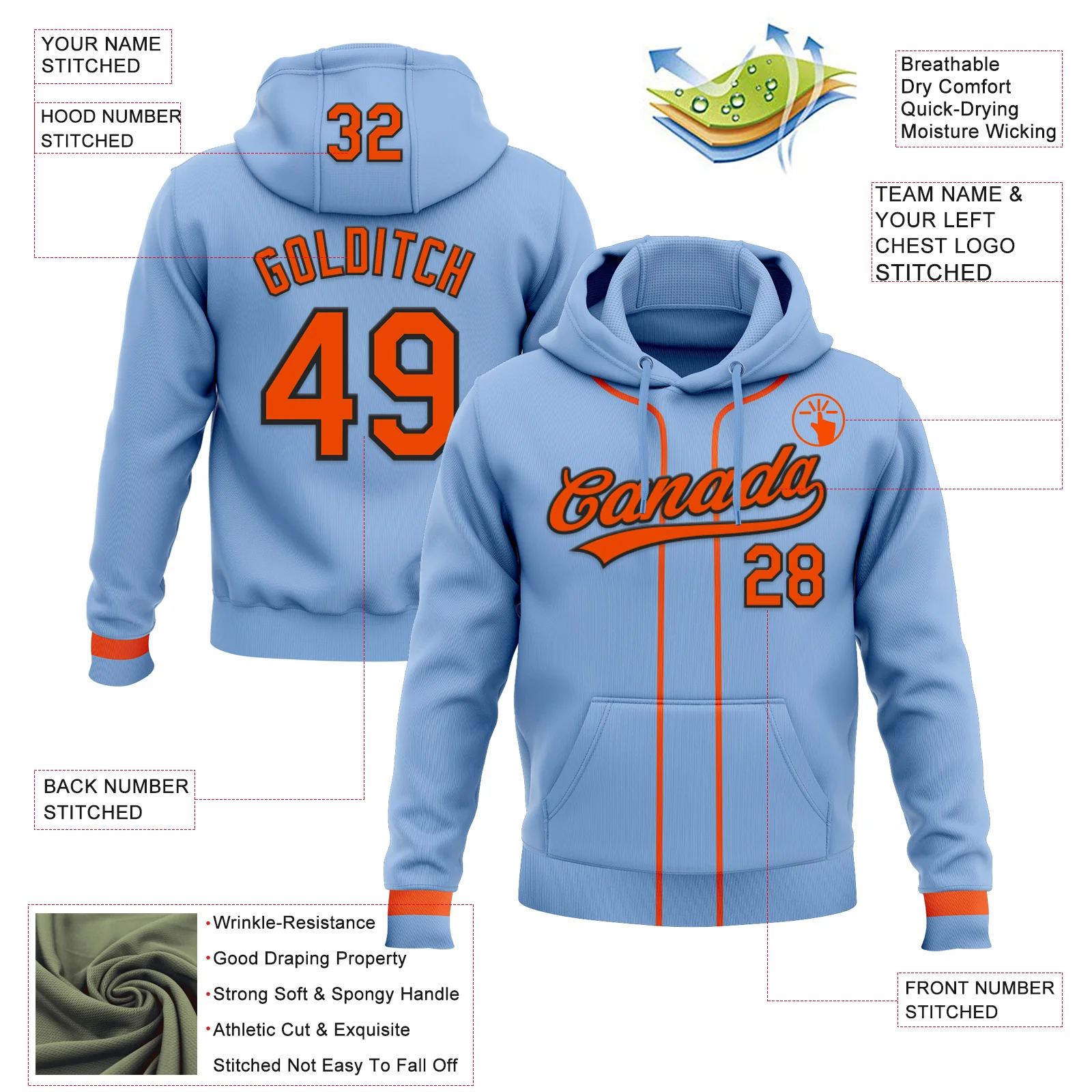 Custom Stitched Light Blue Orange-Black Baseball Pullover Sweatshirt Hoodie