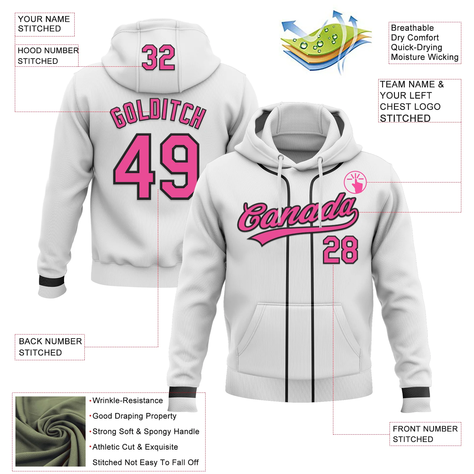 Custom Stitched White Pink-Black Baseball Pullover Sweatshirt Hoodie