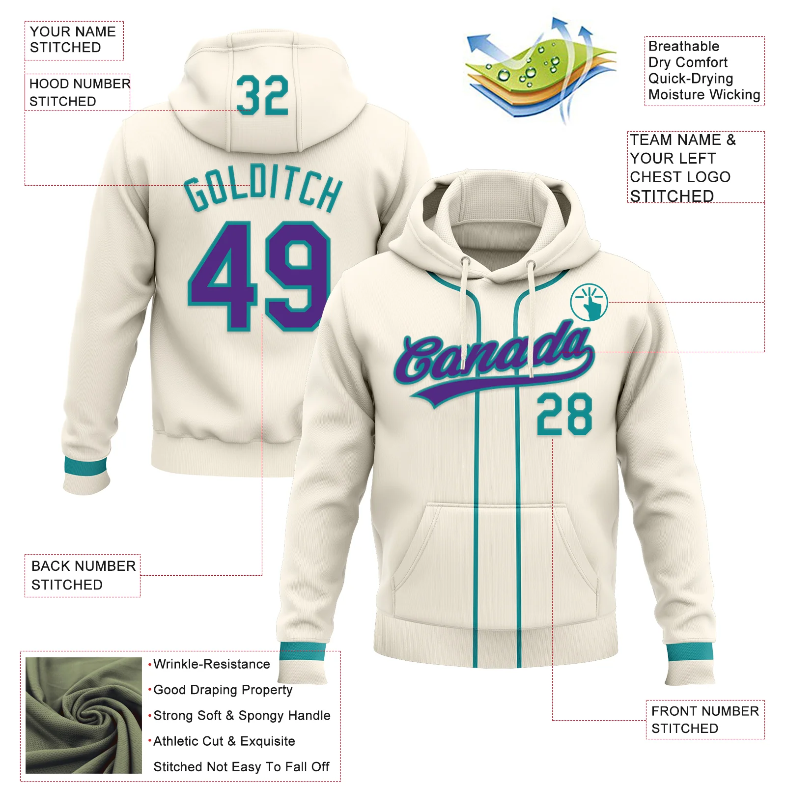 Custom Stitched Cream Purple-Teal Baseball Pullover Sweatshirt Hoodie