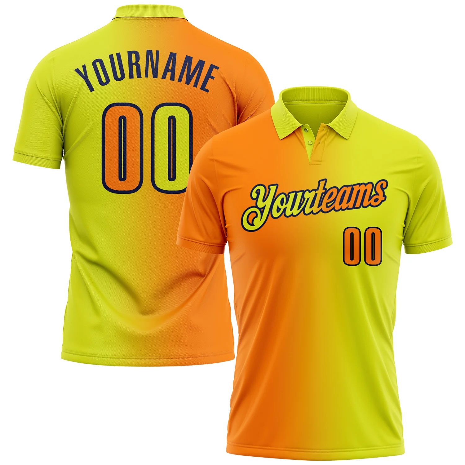 Custom Neon Yellow Bay Orange-Navy 3D Gradient Fashion Performance Polo Shirt