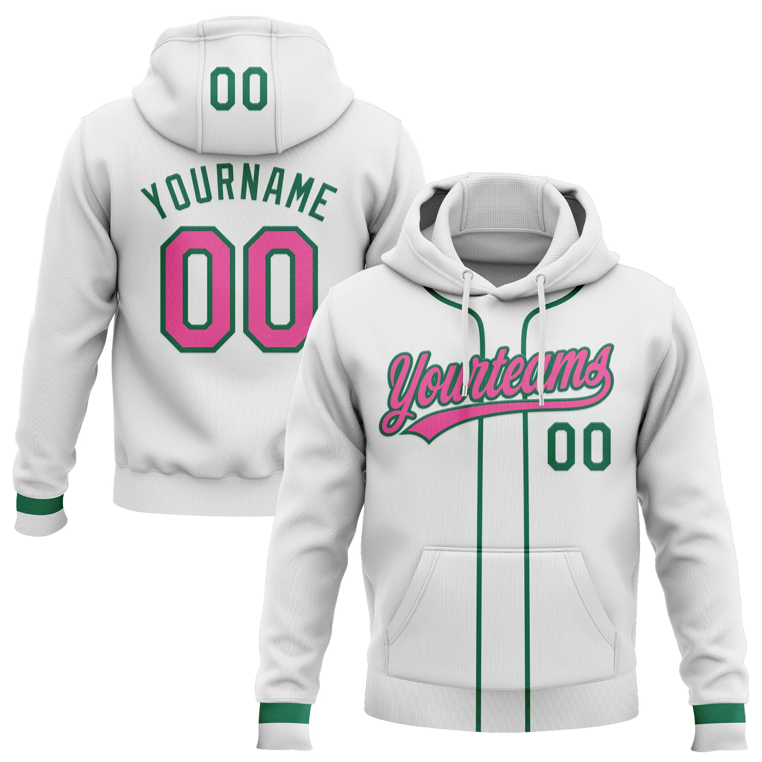 Custom Stitched White Pink-Kelly Green Baseball Pullover Sweatshirt Hoodie