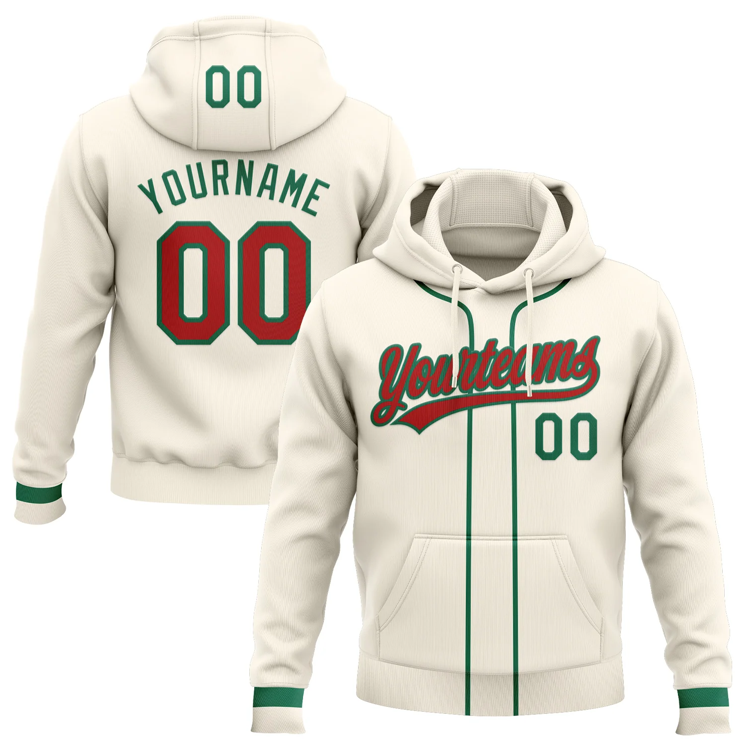 Custom Stitched Cream Red-Kelly Green Baseball Pullover Sweatshirt Hoodie