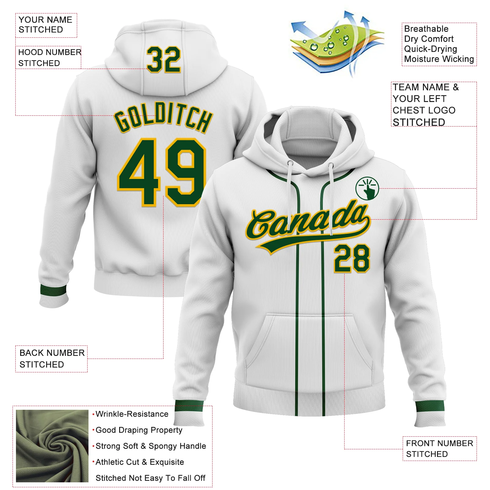 Custom Stitched White Green-Gold Baseball Pullover Sweatshirt Hoodie