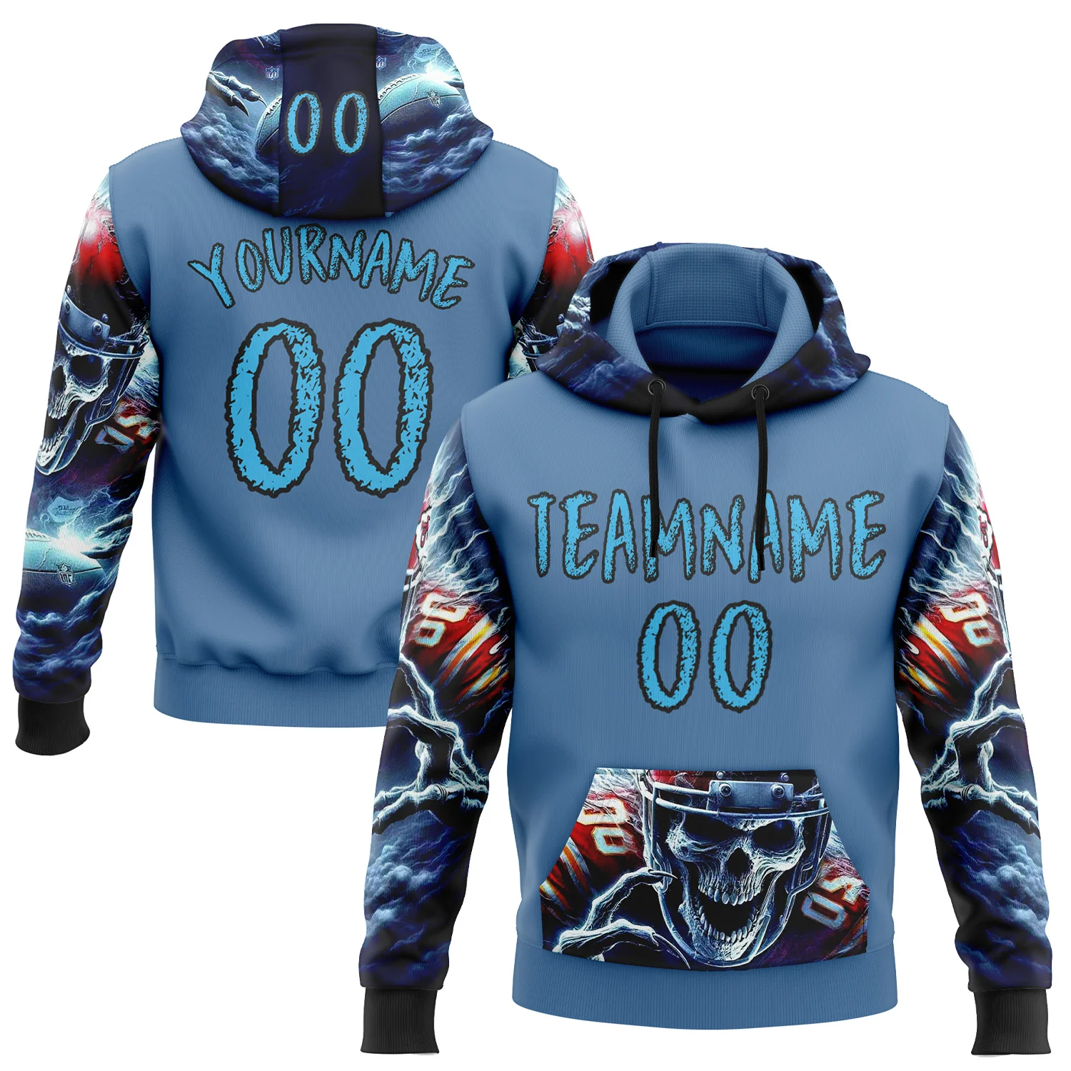 Custom Blue Sky Blue-Black 3D Skull Football Player Sports Pullover Sweatshirt Hoodie