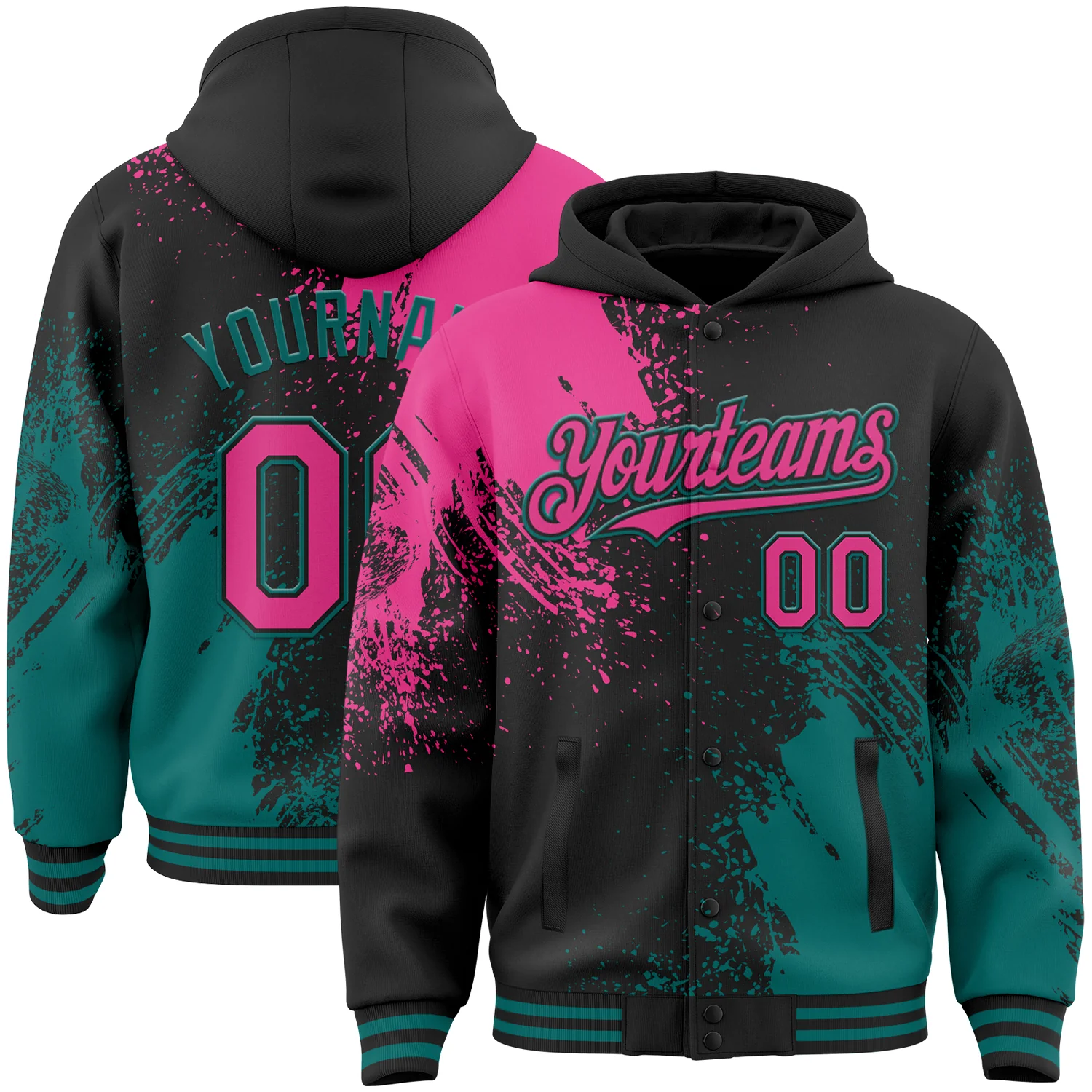 Custom Black Pink-Teal Abstract Brush Stroke 3D Pattern Design Bomber Full-Snap Varsity Letterman Hoodie Jacket