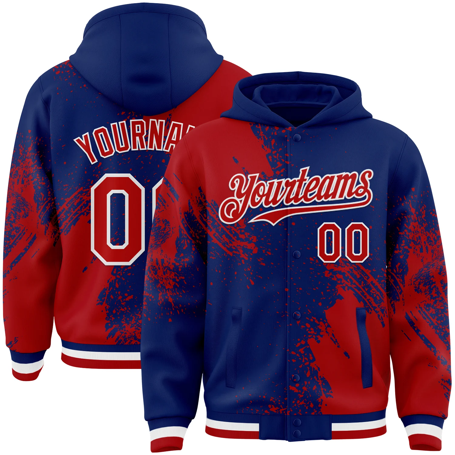 Custom Royal Red-White Abstract Brush Stroke 3D Pattern Design Bomber Full-Snap Varsity Letterman Hoodie Jacket