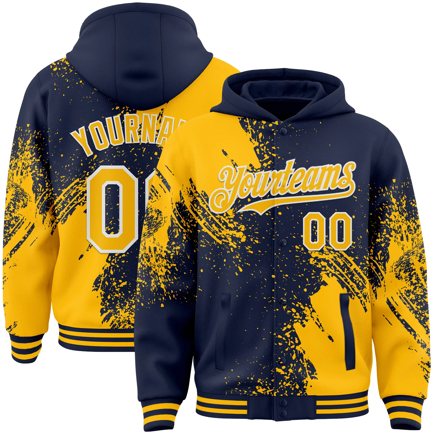 Custom Navy Gold-White Abstract Brush Stroke 3D Pattern Design Bomber Full-Snap Varsity Letterman Hoodie Jacket
