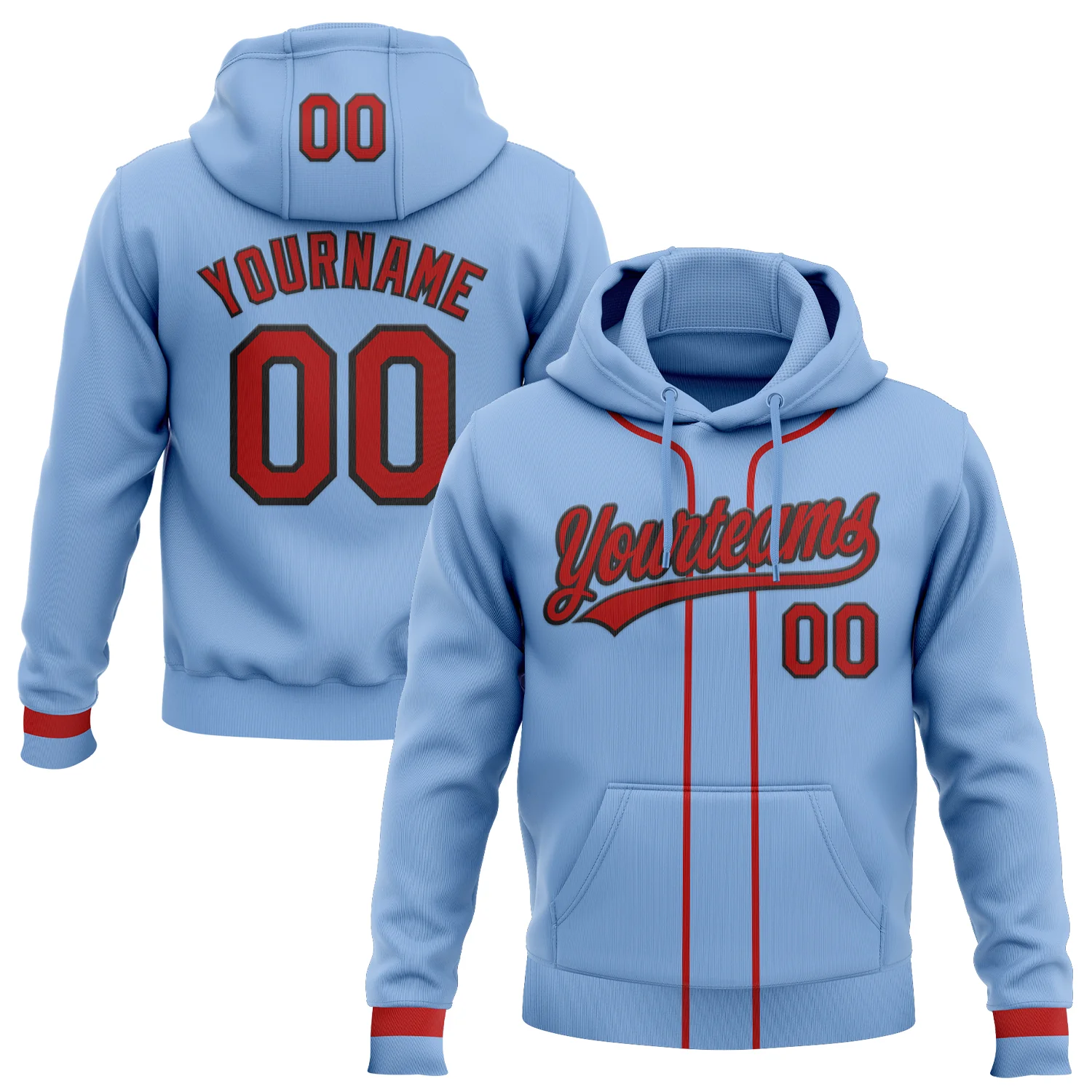 Custom Stitched Light Blue Red-Black Baseball Pullover Sweatshirt Hoodie