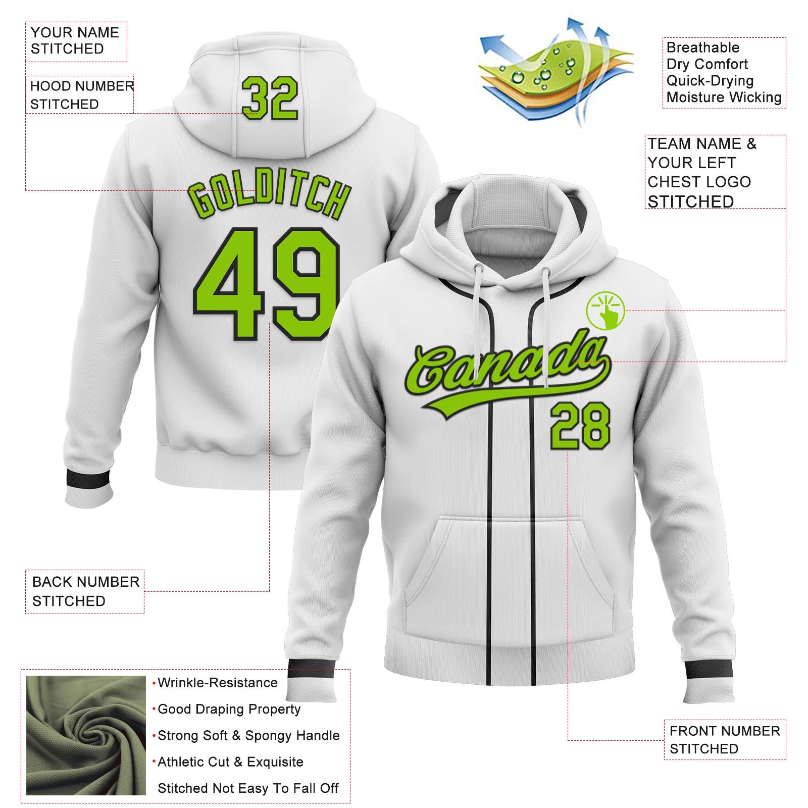 Custom Stitched White Neon Green-Black Baseball Pullover Sweatshirt Hoodie