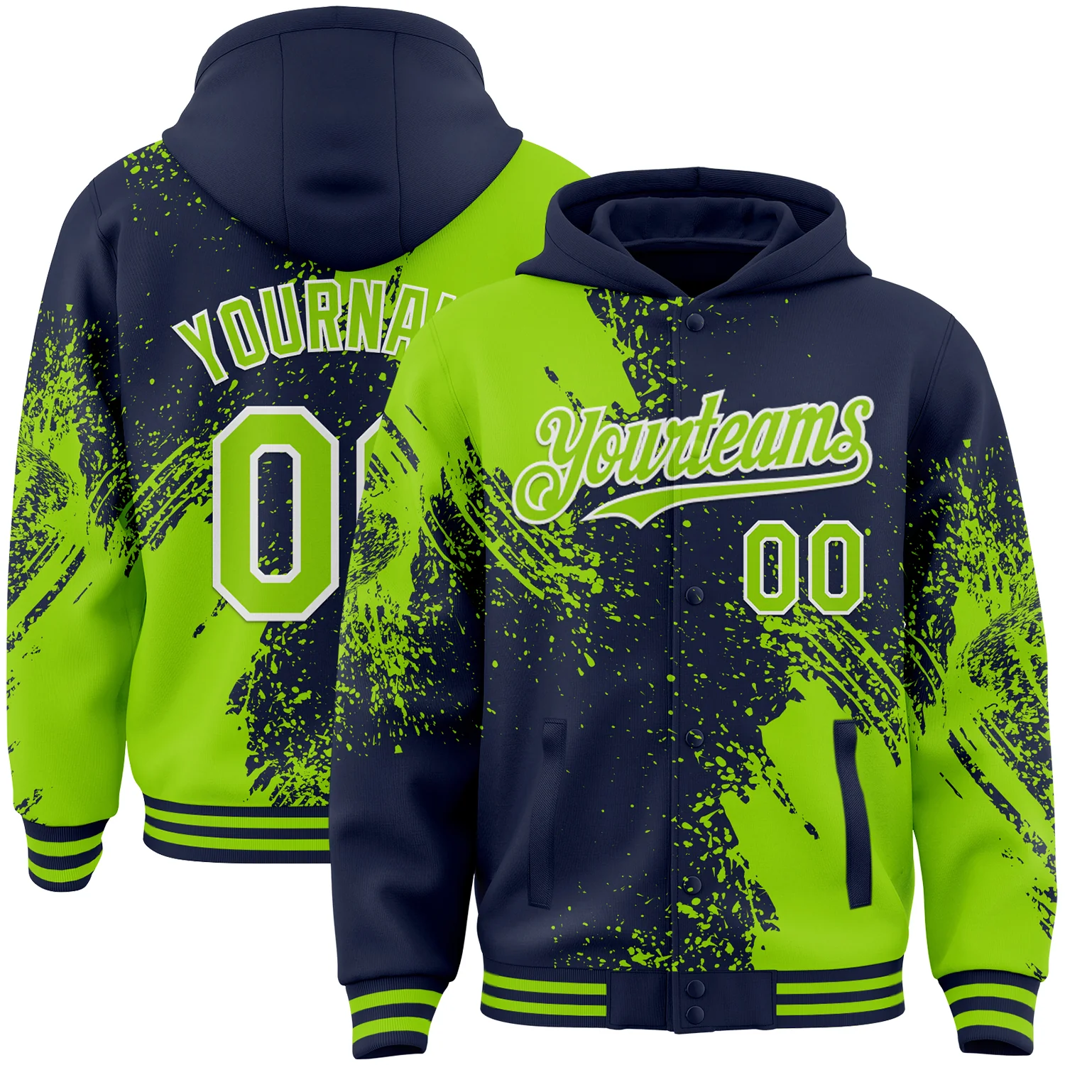 Custom Navy Neon Green-White Abstract Brush Stroke 3D Pattern Design Bomber Full-Snap Varsity Letterman Hoodie Jacket
